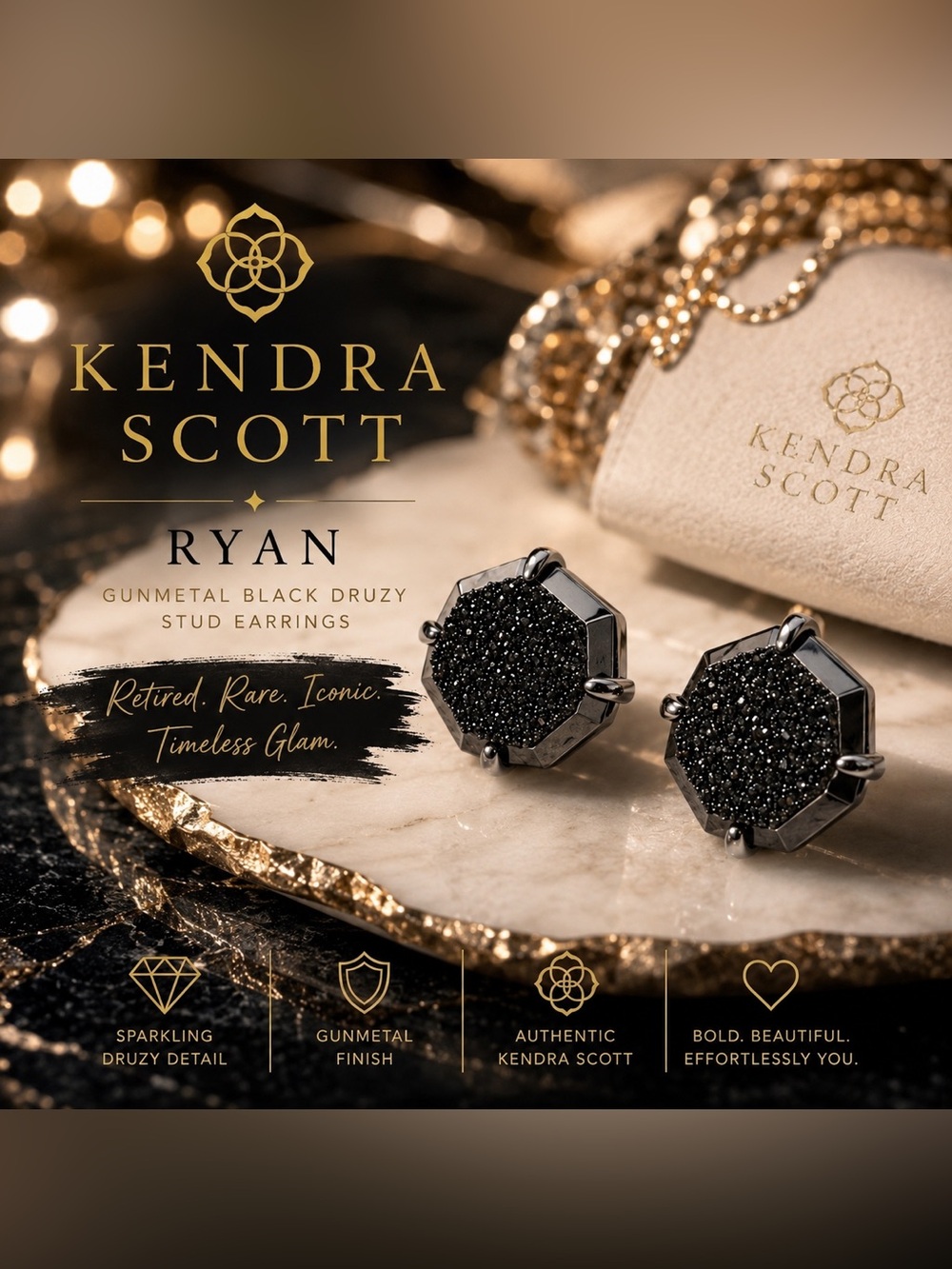 Kendra Scott Ryan Gunmetal Black Druzy Statement Stud  | Retired Luxe Glam